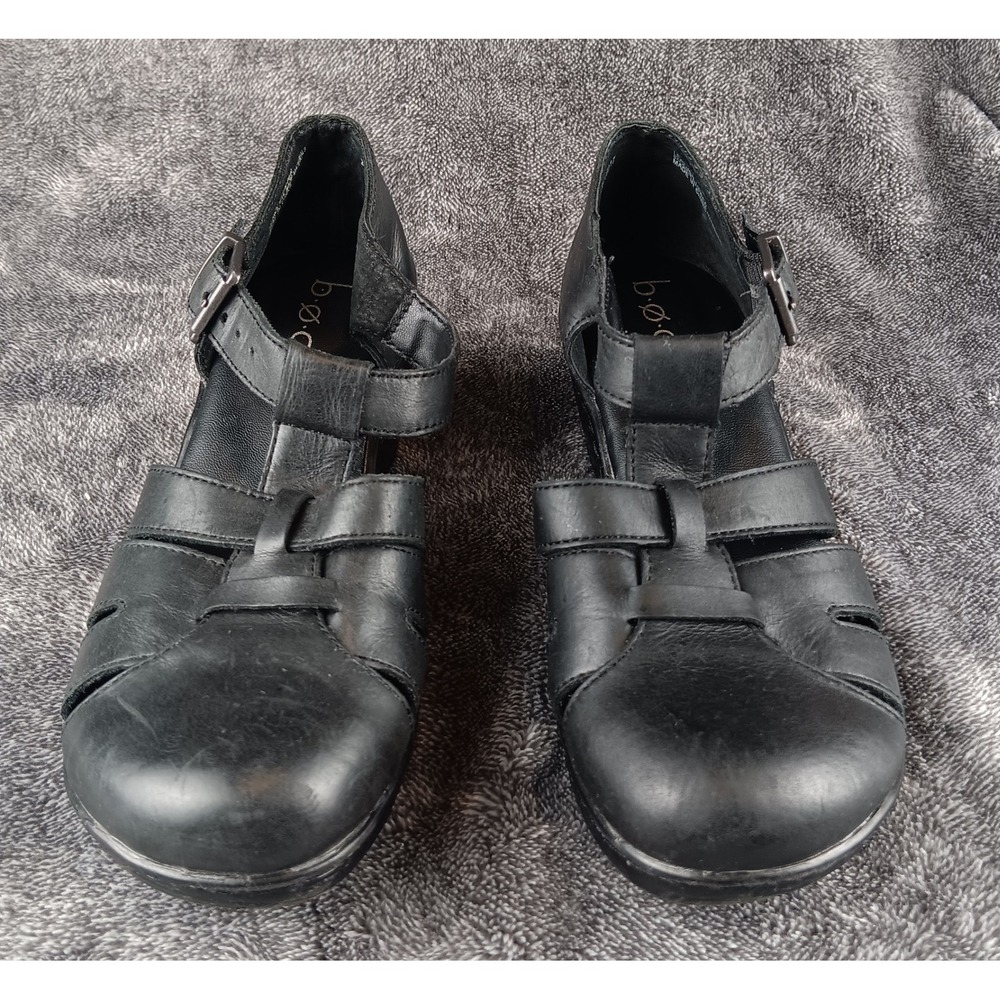 Born boc Black Leather Wedge Mary‎ Jane Cutout Sandals Women Size 6M - Picture 2 of 9